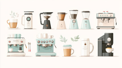 A row of coffee makers and cups are shown in a row
