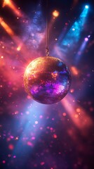 A close-up of a glittering disco ball suspended in mid-air. Numerous small mirrored facets reflect bright pink and blue lights. The background is blurred, with lots of light rays and bokeh effects.