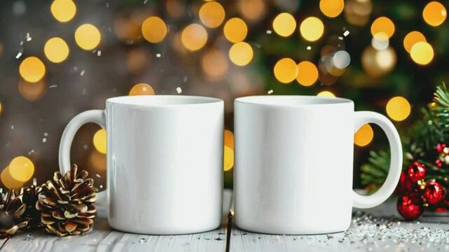 Christmas Mug Mockup - Festive Coffee Cup Design Template with Snowflakes and Ornaments, Christmas-themed mug mockups with a festive design element.
