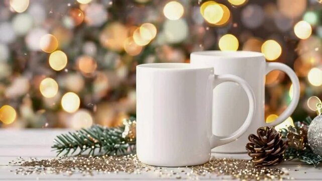 Christmas Mug Mockup - Festive Coffee Cup Design Template with Snowflakes and Ornaments, Christmas-themed mug mockups with a festive design element.
