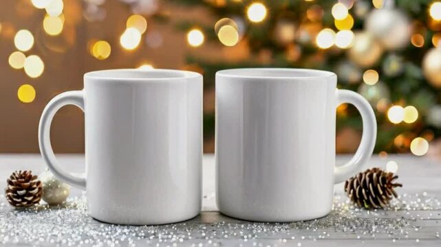 Christmas Mug Mockup - Festive Coffee Cup Design Template with Snowflakes and Ornaments, Christmas-themed mug mockups with a festive design element.
