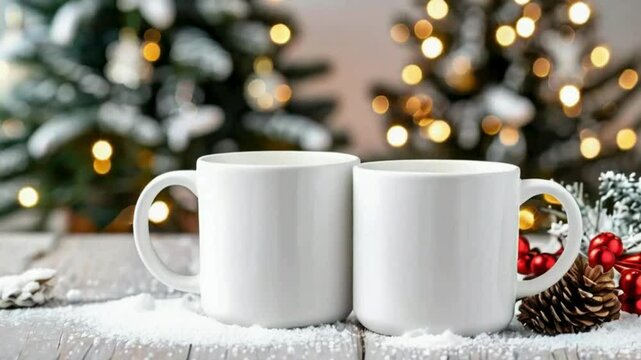 Christmas Mug Mockup - Festive Coffee Cup Design Template with Snowflakes and Ornaments, Christmas-themed mug mockups with a festive design element.
