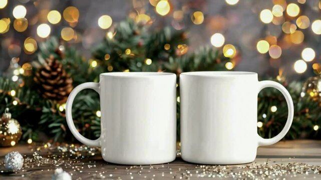 Christmas Mug Mockup - Festive Coffee Cup Design Template with Snowflakes and Ornaments, Christmas-themed mug mockups with a festive design element.
