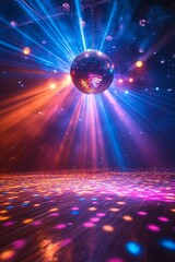 a disco ball suspended from the ceiling and illuminated by spotlights