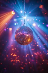 a shiny disco ball suspended in the air covered with many small mirrors that reflect colorful lights