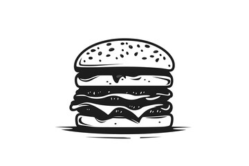 A minimalist black and white vector illustration of a classic hamburger with a sesame seed bun, lettuce, cheese, and multiple layers.