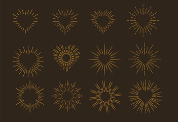 Set of geometric yellow sunburst. Sunbeams heart shape. Hearts shining with rays in form of lines, linear sunlight waves.