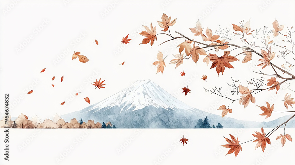 Wall mural a painting of a mountain with a tree branch and leaves falling