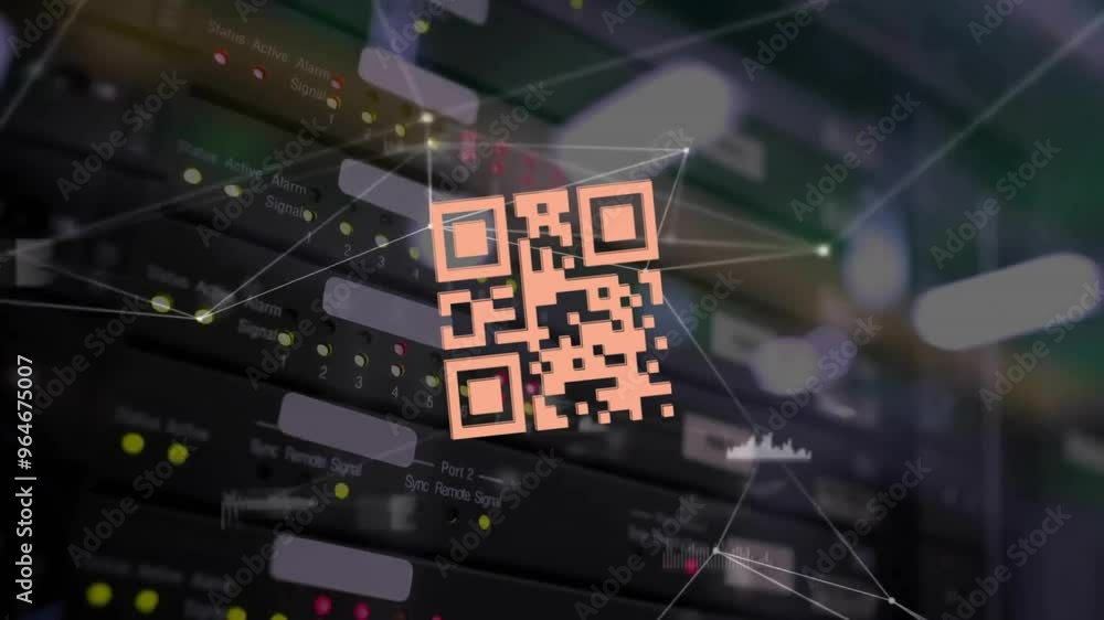 Poster animation of network of connections with qr code on dark background