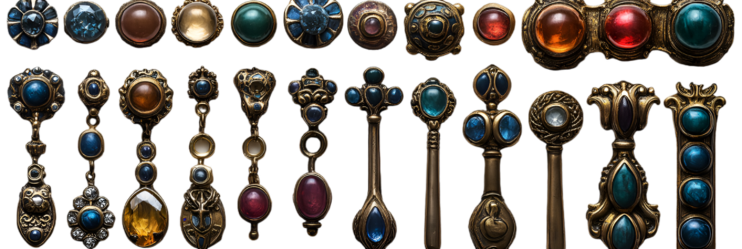 Collection of Metal Objects with Colored Stones