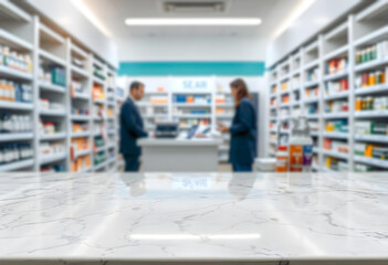 Fototapeta premium tabletop with pharmacy's blurred background