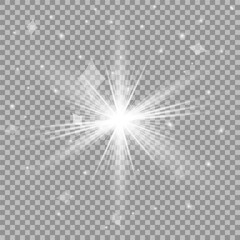 White beautiful light explodes with a transparent explosion. Vector, bright illustration for perfect effect with sparkles. Bright Star. Transparent shine of the gloss gradient, bright flash.