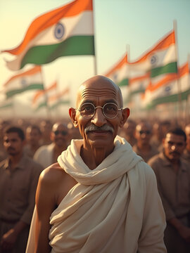 Mahatma Gandhi (Gandhiji) smiling happily among people in India with Indian flag in the background