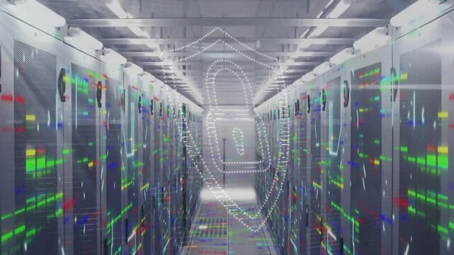 Animation of padlock icon and data processing over computer servers