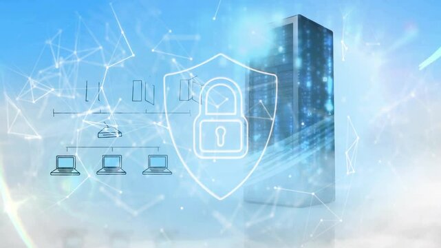 Animation of padlock icon and data processing over computer server