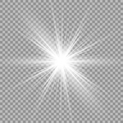 White beautiful light explodes with a transparent explosion. Vector, bright illustration for perfect effect with sparkles. Bright Star. Transparent shine of the gloss gradient, bright flash.