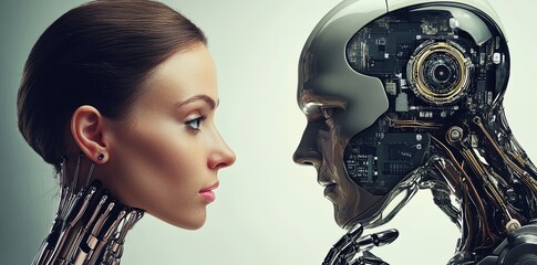 Cyborg woman looking at cyborg man with exposed brain and wires