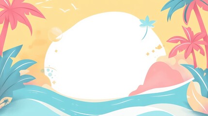 Obraz premium Illustration with Coral, Aqua, and Sunny Yellow pastels, palm trees, and waves on the right, and a blank white canvas on the left, cute RGB icon style