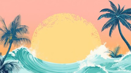 Fototapeta premium Pastel-colored scene with palm trees and waves in Coral, Aqua, and Sunny Yellow, alongside a blank canvas on the left.