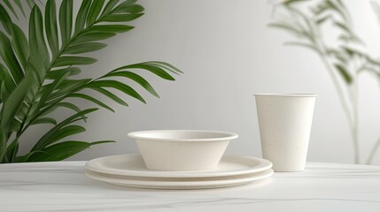 Eco-friendly tableware set resting on marble surface