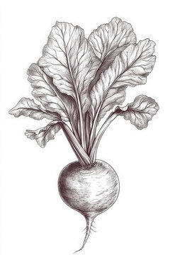 Hand drawn illustration of a beetroot with large leaves growing organically