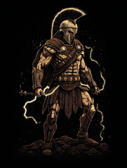 Fototapeta premium Illustration eines mächtigen antiken Kriegers mit Rüstung und Blitzkraft - Ki-Ai generiert