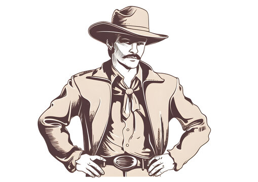 Vintage-Illustration eines klassischen Cowboys mit Hut und Schnurrbart - Cowboy Clipart - Ki-Ai generiert