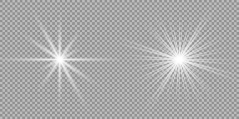 Glowing light bursts with sparkles. Glow light effect set, lens flare, explosion, glitter, line, sun flash, spark and star. Abstract image of lighting flare and white stars. Vector illustration