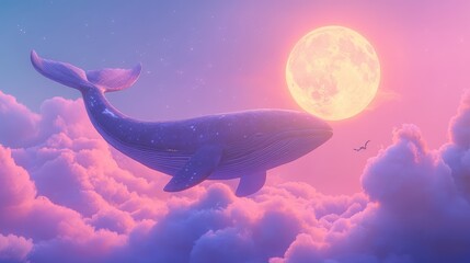 Fototapeta premium Whale and moon reunion in a vibrant, cloud-filled sky.