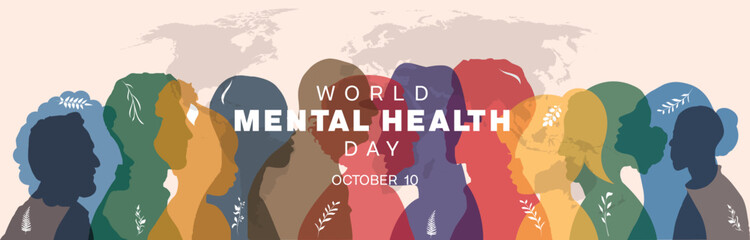 World Mental Health Day design. It features colorful silhouette of people. Side profile portrait. Vector illustration