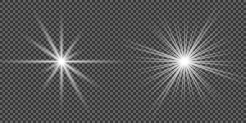 Glowing light bursts with sparkles. Glow light effect set, lens flare, explosion, glitter, line, sun flash, spark and star. Abstract image of lighting flare and white stars. Vector illustration