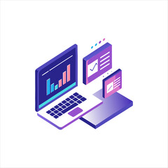 Isometric illustration of dual laptop with coding data analytics and AI symbol in a modern style, 