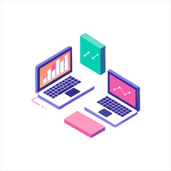 Isometric illustration of dual laptop with coding data analytics and AI symbol in a modern style, 