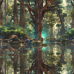 a magical lush, dense forest. Huge trees, symmetrical abstract of trees, water, bushes, pines, ferns and canopy.