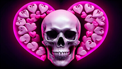 Fusion of Love and Death: A Glossy 3D Composition of Hearts and Skulls Blending Valentine's Day Affection with D&iacute;a de Muertos Symbolism, Exploring the Duality of Life and Death