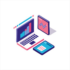 Isometric illustration of dual laptop with coding data analytics and AI symbol in a modern style, 
