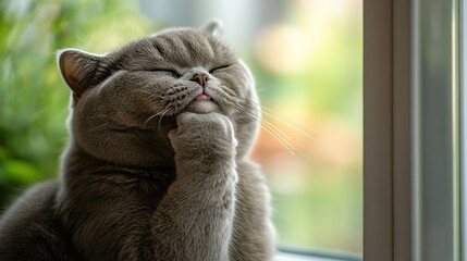 A thoughtful cat resting its chin on its paw, gazing out a window with a serene expression.