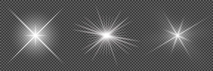 Glowing light bursts with sparkles. Glow light effect set, lens flare, explosion, glitter, line, sun flash, spark and star. Abstract image of lighting flare and white stars. Vector illustration