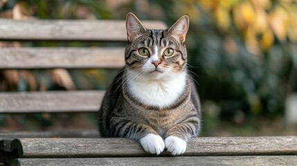 A tabby cat sitting on a wooden bench, gazing curiously at the surroundings.