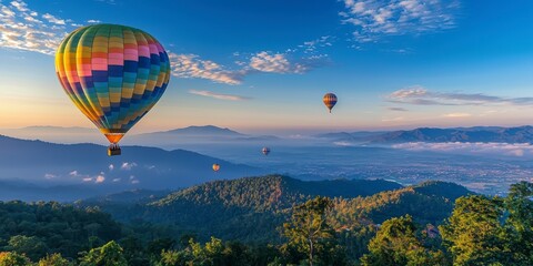 Fototapeta premium Colorful balloons hovering over the mountains at dawn, against a background of blue sky and greenery