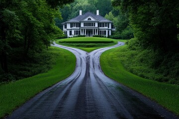 Fototapeta premium Road winding through a dark forest ending at the foot of an ominous, decaying mansion atop a hill