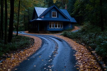 Road winding through a dense forest where the trees grow taller and the air grows colder the closer you get to the spooky house