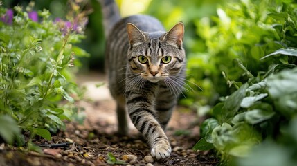 Fototapeta premium A tabby cat walks through a lush garden, surrounded by greenery and colorful flowers.