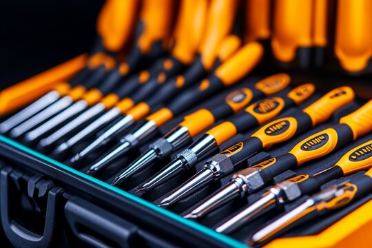 Screwdriver set neatly organized in a toolbox, each tool gleaming and ready for precise work