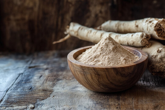 Burdock root powder is displayed in a wooden bowl with whole burdock roots behind