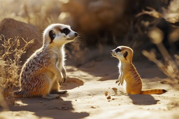 Two Meerkat siblings on sand watching their surroundings in the desert