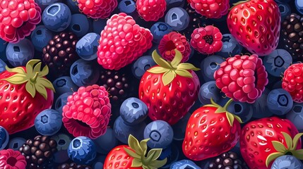 Various fresh berries backgrounds. Strawberry, blueberry, raspberry and blackberry. Mixed berries fruit. Tropical fruits. Vector illustration.