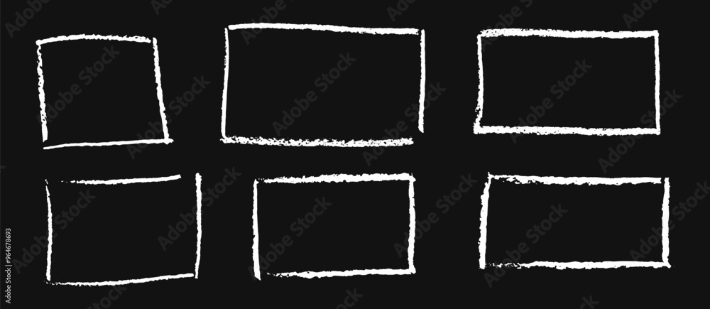Poster set of white chalk hand drawn frames. collection of writing on black board by children rectangular a