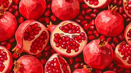 Fototapeta premium Pomegranate fruit. Fresh ripe pomegranate. Whole and half pomegranate fruits with seeds. Vibrant red and juicy. Vector illustration.