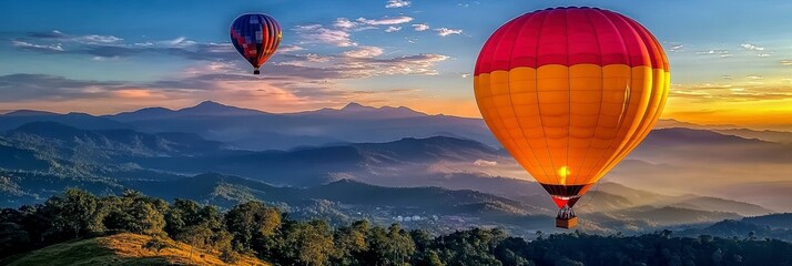 Colorful balloons hovering over the mountains at dawn, against a background of blue sky and greenery